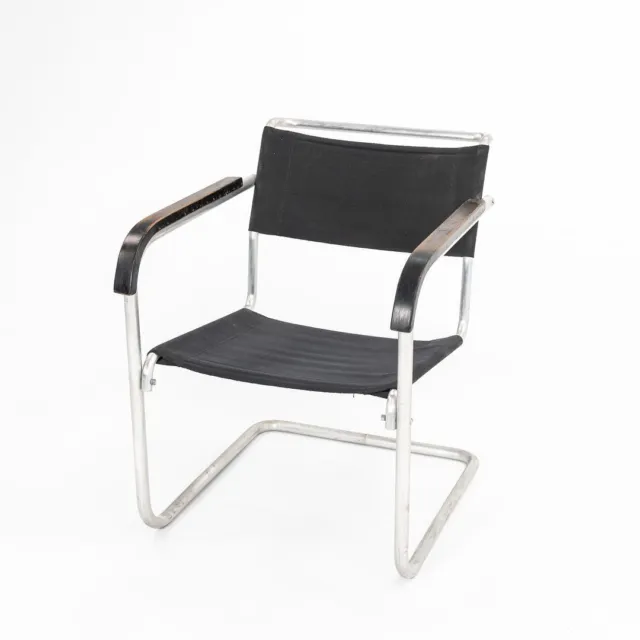 1940s Marcel Breuer for Thonet B34 Dining Arm Chair in Black Canvas and Chrome