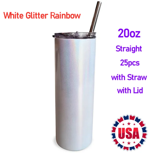 Sublimation White 20oz Straight Glitter Sparkling Tapered Tumbler with Lid 25pcs