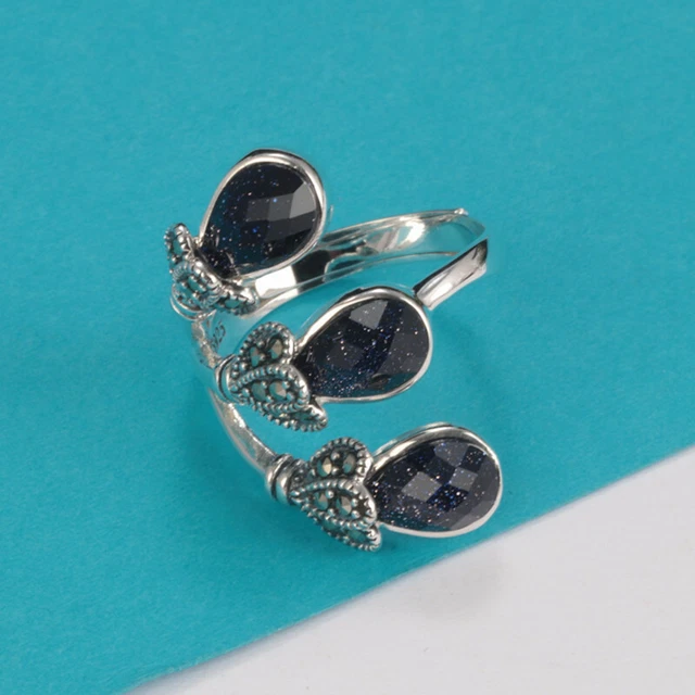 A22 Journey Anneau Trois Goutte De Rivière Bleue Markassite Argent 925 Amovible
