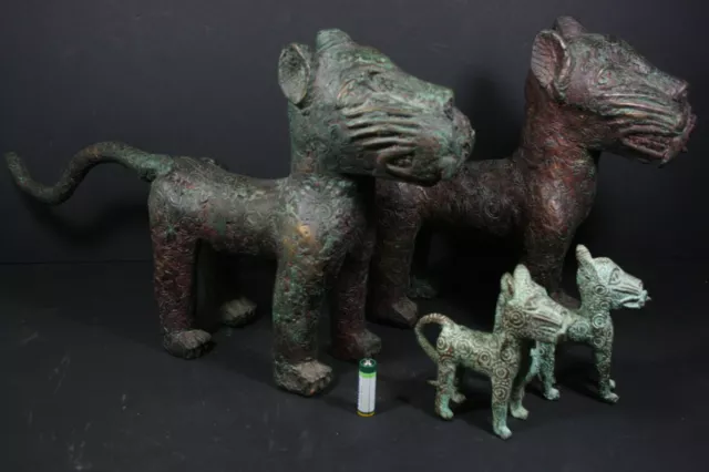 African BENIN Bronze Leopard Family of 4 - Nigeria, AFRICAN TRIBAL ART PRIMITIVE