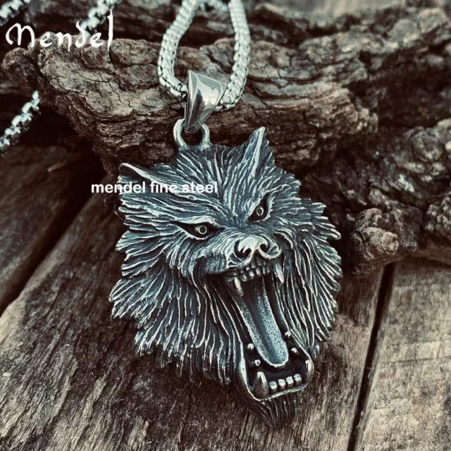 MENDEL Mens Stainless Steel Viking Fenrir Wolf Head Pendant Necklace Men Silver