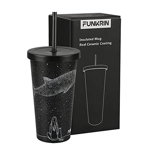 Funkrin Insulated Coffee Mug Tumbler with Lid and Straw, 18oz Ceramic Lined C...
