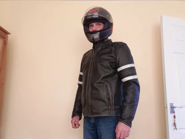 BKS Leather Motorcycle Jacket Cafe Racer Retro Mens Brown Removable Hood Size 56