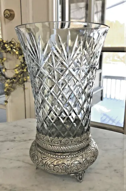 Ornate Hand Cut Glass Vase with Silver Metal Filigree Base - India 10.5"