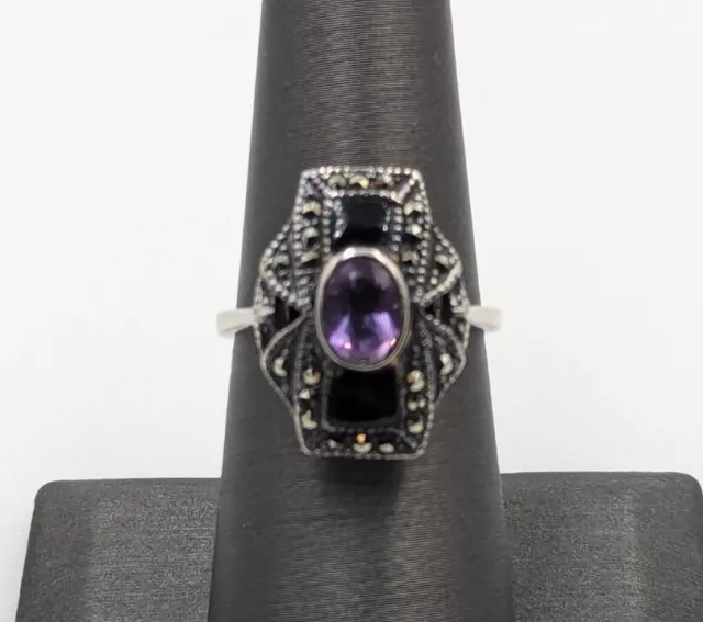 Vtg Sterling Silver By FAS Amethyst Onyx Marcasite Art Deco Style 925 Ring Sz 7