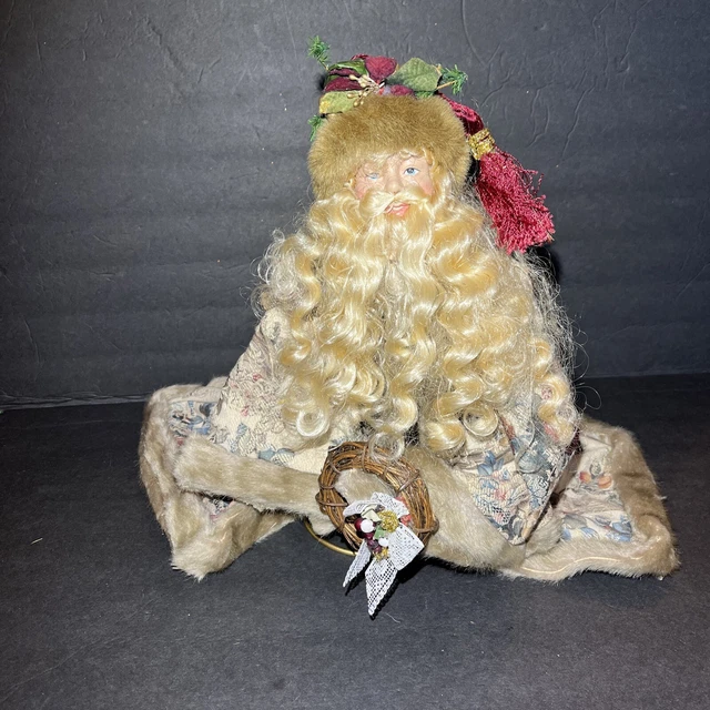 Vintage Victorian Santa Claus Tree Topper Old World Tan Flowered Tapestry 16”