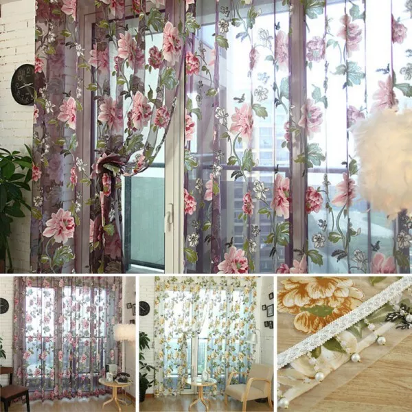 1/2/4 Panels Peony Pattern Tulle Window Curtains Floral Sheer Voile Drapes Home