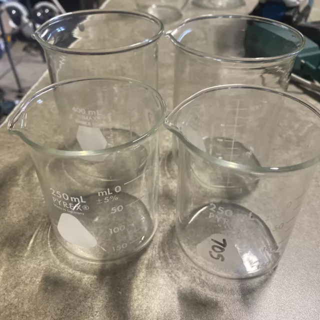 4pc 2x Pryex 250ml 2x KIMAX 400ml Double Scale Graduated  Griffin Beaker