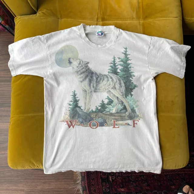 Vintage 90s LIQUID BLUE Rare WOLF MOON 2-SIDED T-Shirt L nature animal