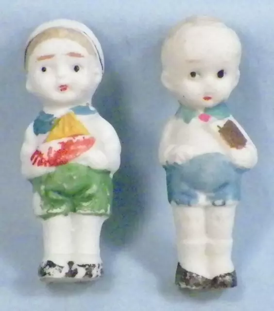2 All Bisque Boy Dolls Made Japan Holding Sailboat Book Penny Vintage #25