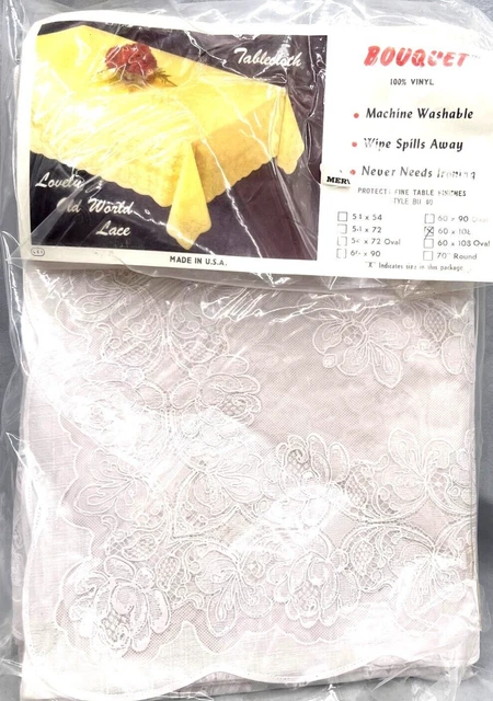 Vintage Floral Lovely Old World Lace Vinyl Tablecloth Bouquet 60 X 108 Made USA