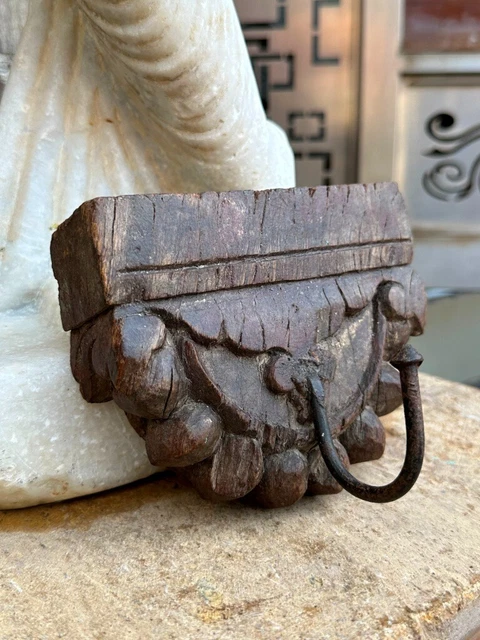 Ancient Old Wooden Hand Craved Dark Floral Hanger Hook Wall Hanging Hook