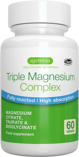 Igennus Advanced Triple Magnesium Complex, Fully Reacted & Chelated Glycinate, Taurate & Citrate, Clean Label, High Bioavailability & Absorption, 60 Tablets, Vegan