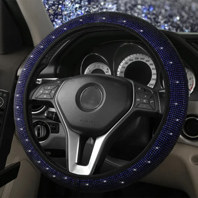 Car Auto Steering Wheel Cover Bling Rhinestone Diamond Anti-slip Protector Blue
