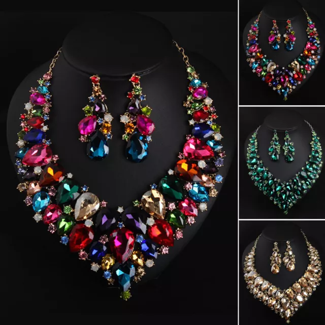 Fashion Crystal Jewelry Set Necklace Earrings Statement Wedding Party Choker Bib
