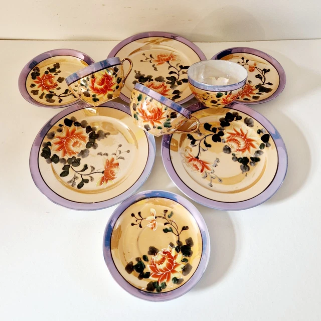 VINTAGE JAPANESE LUSTER Ware Tea Cups and Saucers Floral Plates Job Lot