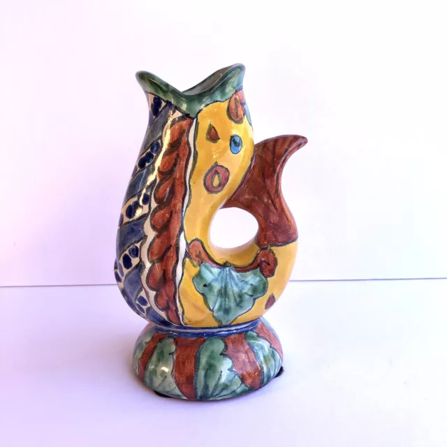 Talavera Handmade Gurgle Colorful Lucky Fish Signed 8” Vase Pitcher Flower Pot