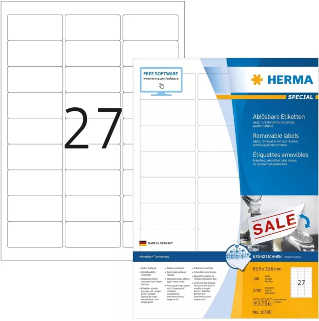 HERMA 10300 Universal Etiketten ablösbar, 100 Blatt, 63,5 x 29,6 mm, 27 pro A4
