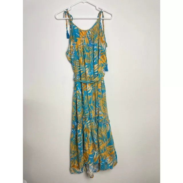Blue Island Dress Womens Extra Large Tropical Boho Maxi Tassels Tiered Tie Waist 2
