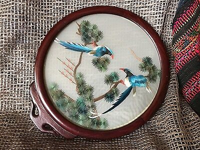 Old Chinese Embordered Birds in Rosewood Frame  …beautiful display piece