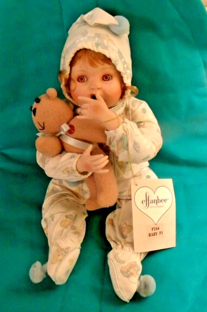 Effanbee Doll Baby PJ, Porcelain & Cloth Sits w-teddy bear, Has hang tag