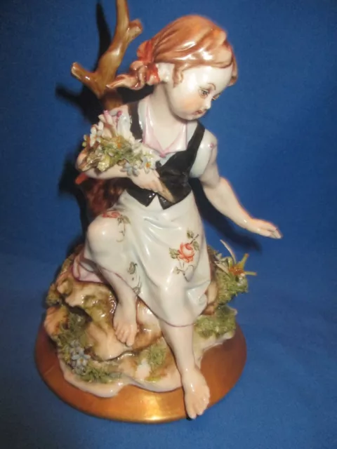 Beautiful  Capodimonte Porcelain Girl Seated By Tree Figurine