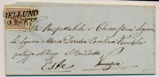 LOMBARDEI-VENETIEN 1855 30C, Brief, BELLUNO nach VENEZIA und weiter nach ESTE.