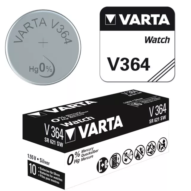 1x V364 Uhren-Batterie Silberoxid-Knopfzelle SR621 SR621SW 1,55V 17mAh von VARTA