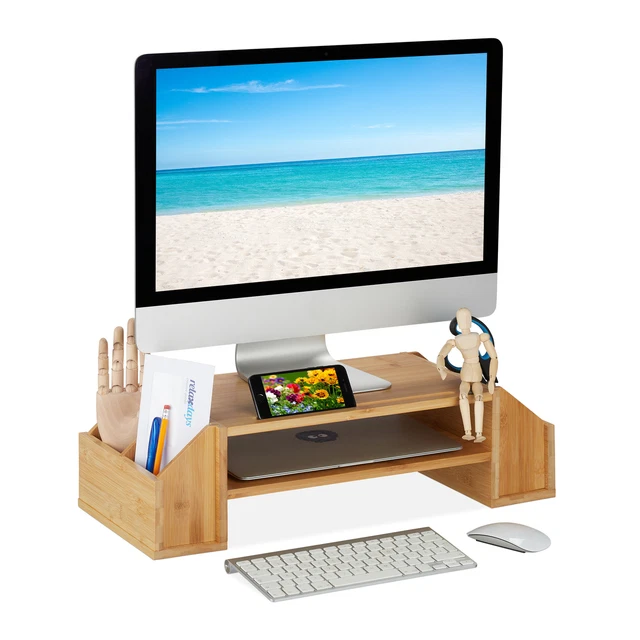 Support D'écran En Bambou Avec Tiroirs - Rehausseur Ergonomique, Rangement Bureau, 2 Tiroirs + Compartiments