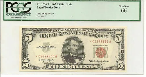 1963 $5  Star Legal Tender Red Seal Pcgs Gem New 66