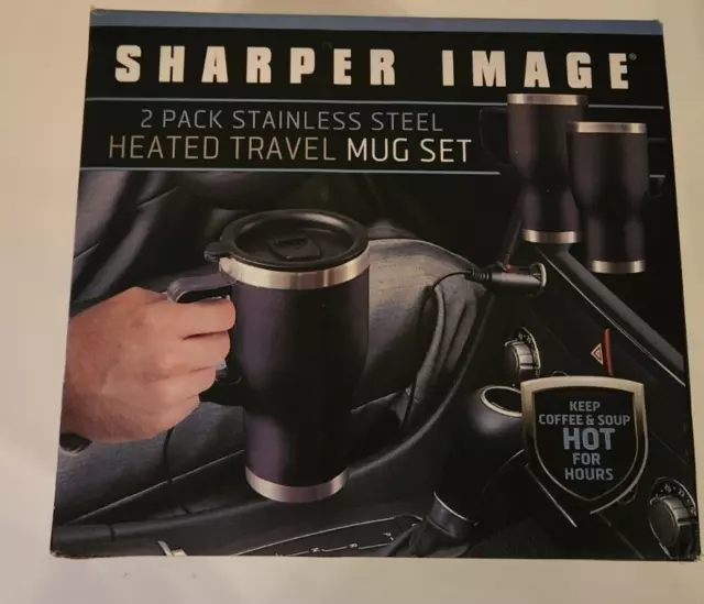 Sharper Image 2 Pack Stainless Steel Heated Travel Mug Set Black 14oz 12V New