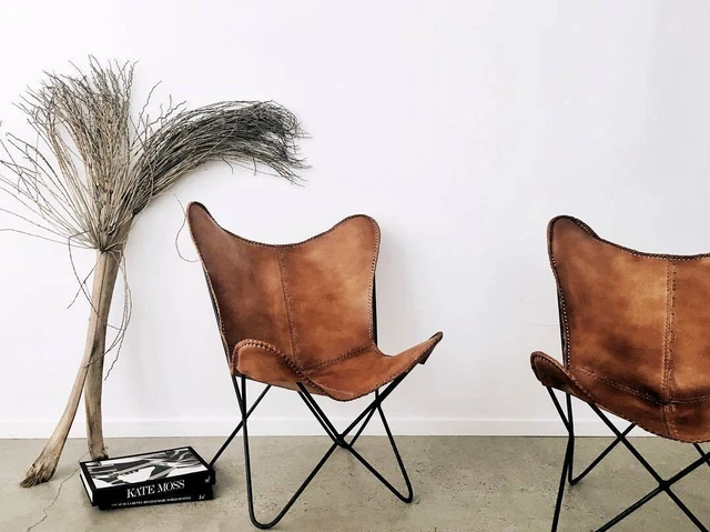 2 Pz Vintage Arredo Casa Mobili Pelle Farfalla Sedia Rilassarsi Sedia Pieghevole
