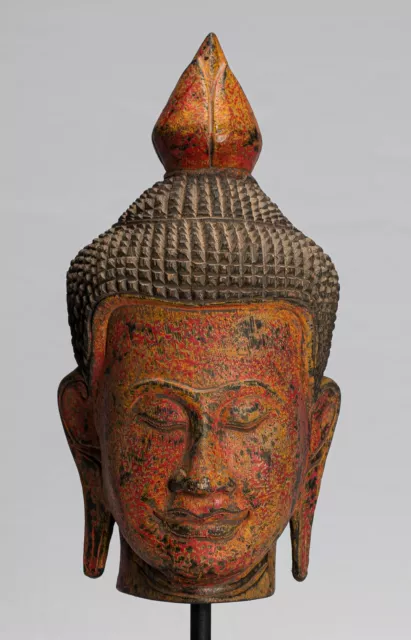 Statue de Bouddha - Ancien Khmer Style Asie Rouge Bois Bouddha Tête - 40cm/16 "