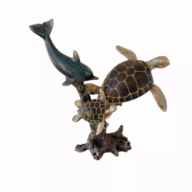 Dolphin and sea turtle sculpture 10 by 11 inches sea ocean beach nautical coral