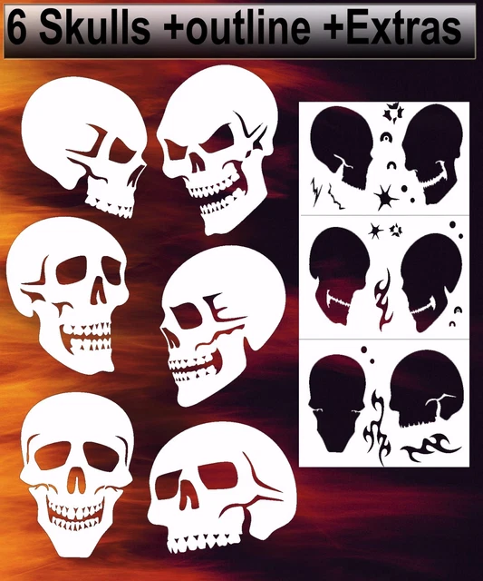 Skull 6 Pack Set #2 Mini Size 2" x 1.5" or choose Large 5.5 x 4 Airbrush Stencil