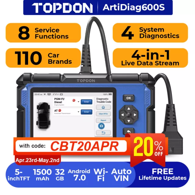 TOPDON AD600S Car Auto OBD2 Scanner Code Reader Engine ABS SRS Diagnostic TPMS