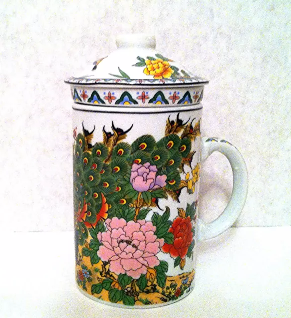 Peacock & Peony Design Chinese Jingdezhen Porcelain Tea Cup with Lid & Filter