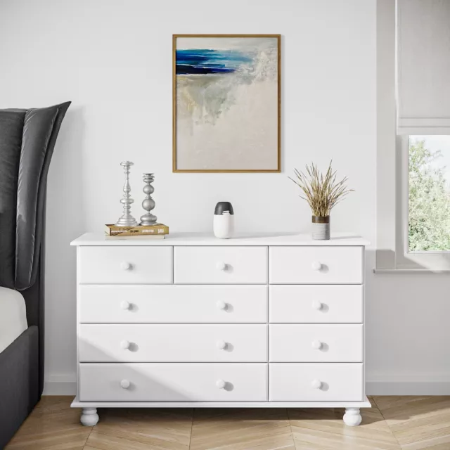 Chest of Drawers White Wooden with 2+3+4 Drawers Bun Feet Classic Style