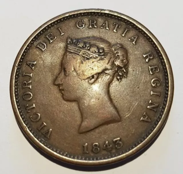 1843 Queen Victoria Canada New Brunswick One Penny 1d Token