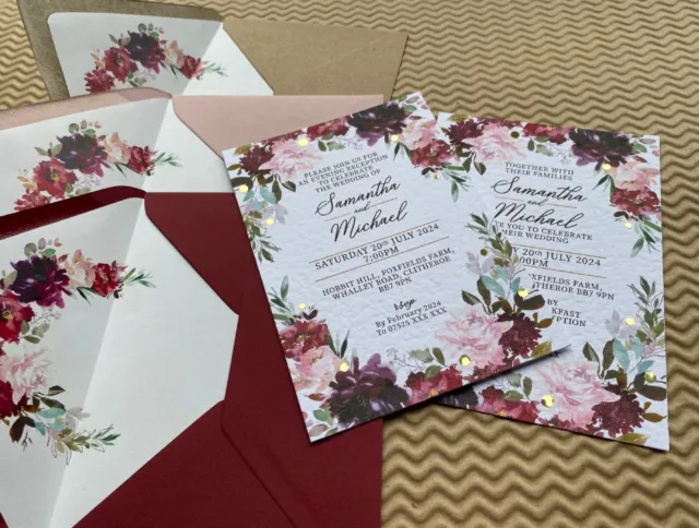 Luxury WEDDING INVITATIONS burgundy purple blush pink roses cards foliage wreath