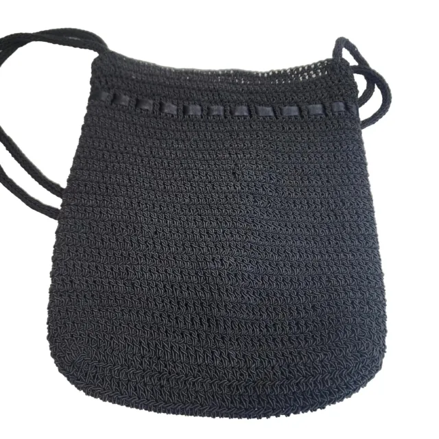 Frankie & Johnnie Crochet Woven Bag Hobo Shoulder Handbag Black Double Cord Zip