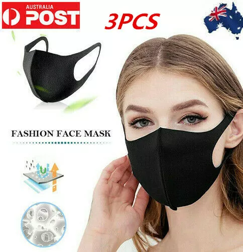 AU 3 X Washable Unisex Black Face Mask Protective Reusable Breathable Durable