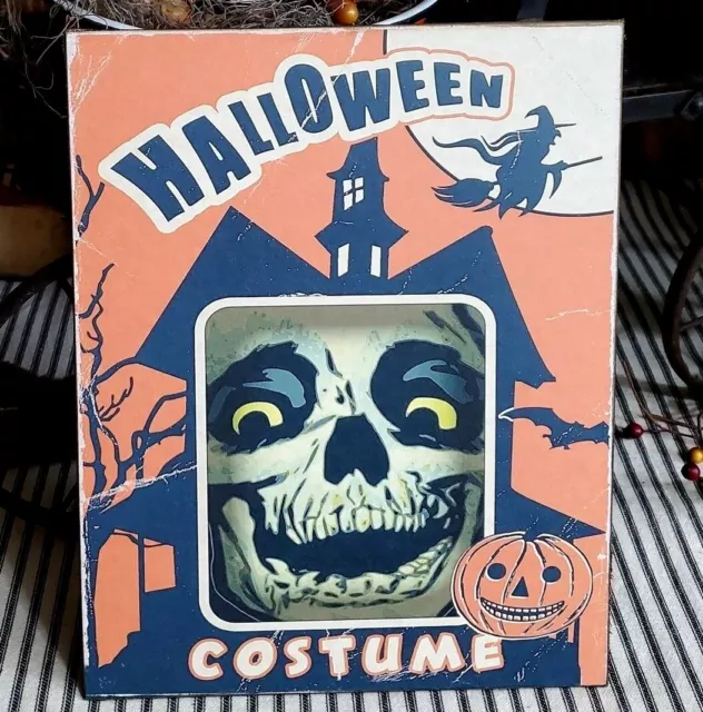 Old Steampunk Primitive Vintage Style Halloween Skeleton Mask Costume Box Sign