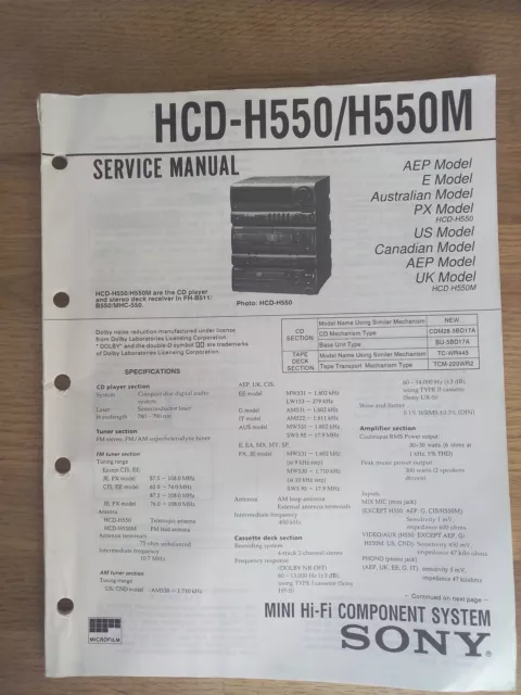 Schema SONY - Service Manual Mini Hifi Component System HCD-H550 HCD-H550M