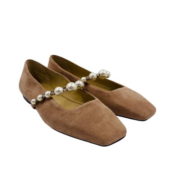 Jimmy Choo Daim Marron W/ Perles Ade Chaussures Plates Ue 35 UK 2 US 5