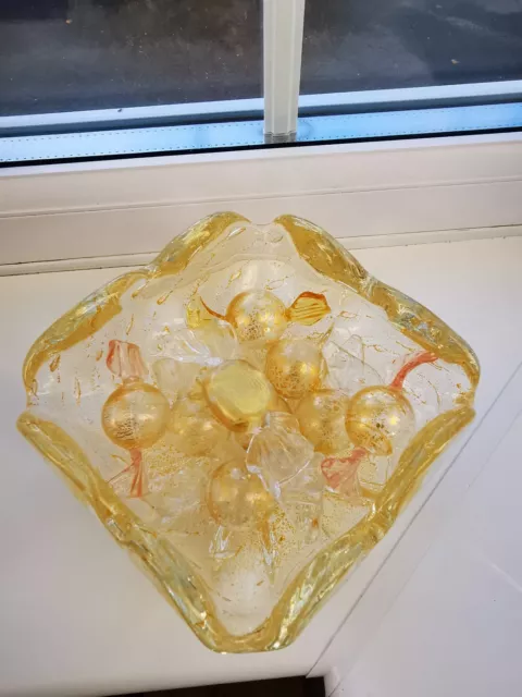 Murano Clear & Aventurine Bullicante Art Glass Bowl With Nine Gold Foil Sweets