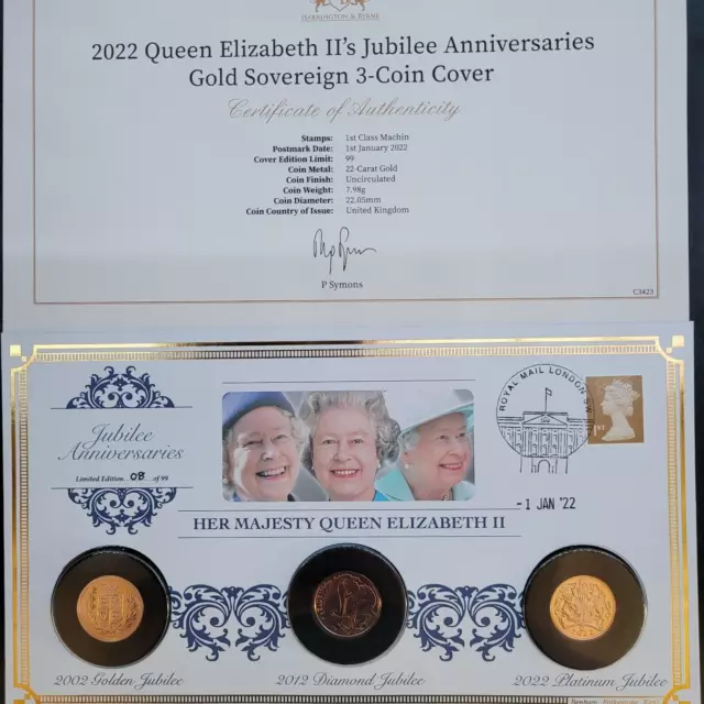 2022 Queen Elizabeth II jubilee anniversaries gold full sovereign 3-coin cover