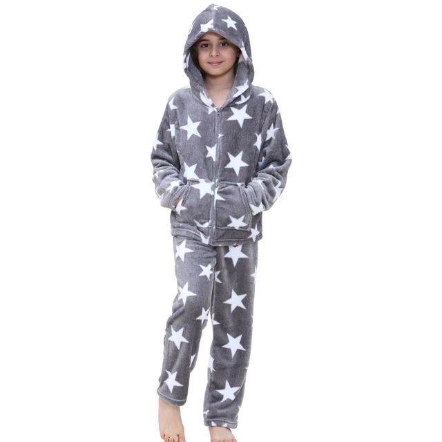 Bambine Grigio Stars Stampa Pigiama Extra Morbido Zip Top Flanella Pile Set