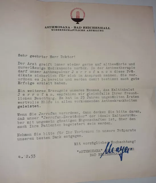 Brief Werbung Mitteilungen Briefkopf Reklame 1953 Asthmosana Bad Reichenhall