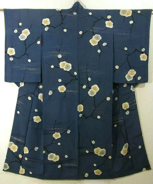 Vintage 1940s Slate Gray Silk Japanese Kimono Ume (plum blossom) Kasumi (mist) 